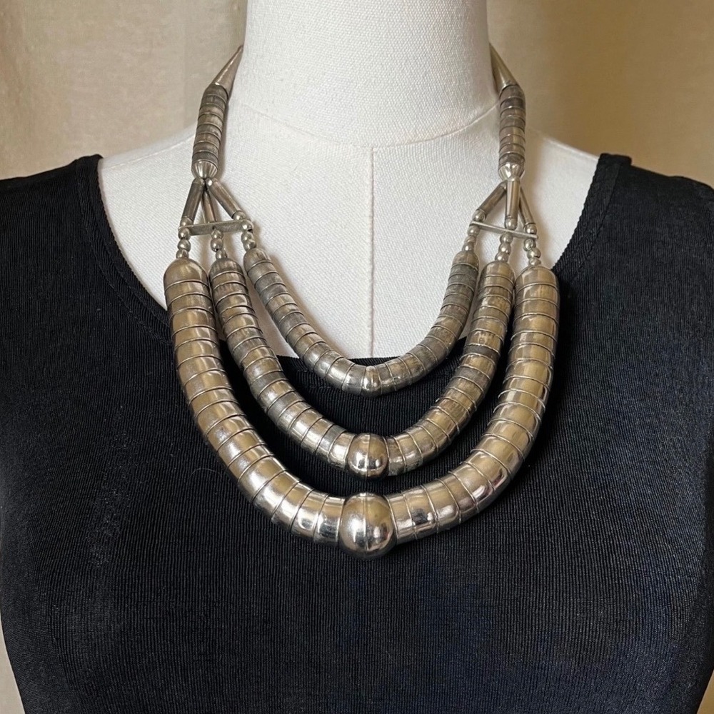 Vintage Chunky Sculptural Multi Strand Silver Tone Collar Necklace